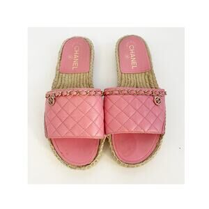 Chanel Pink Quilted Leather Chain CC Logo Espadrille Slide Sandals EU 38